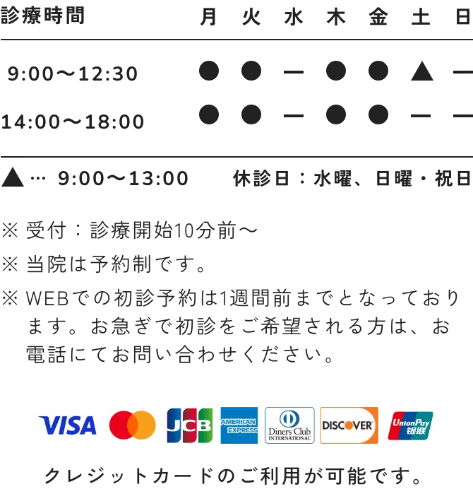 受付：診療開始10分前～　当院は予約制です。　WEBでの初診予約は3診療日前までとなっております。お急ぎで初診をご希望される方は、お電話にてお問い合わせください。　クレジットカードのご利用が可能です。